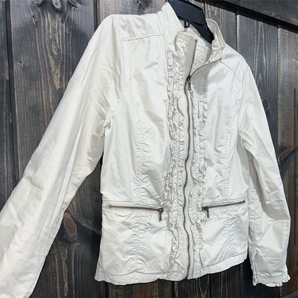 Peace Love Chill Jacket M Cream Ivory Zip Front Ruffles Pockets Boho Moto Style - Picture 2 of 7
